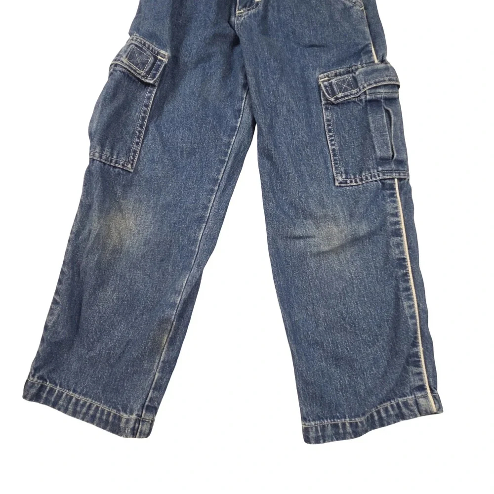 Vintage OshKosh Bgosh Boys Blue Denim Cargo Jeans Size 6 90s Side Stripe Pockets